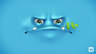 Blue face green leaf mouth - angry free wallpaper