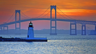 Lighthouse bridge sunset red sky - fitz henry lane free wallpaper