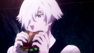Cartoon person eating hamburger black - a green background behind them free wallpaper