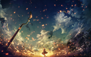 Girl walking field stick fireworks 2 - the sky above her free wallpaper