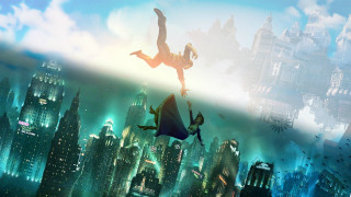 Man flying city futuristic skyscrapers - the air over a city free wallpaper