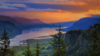 Sunset lake mountains boat trees - david boyd free wallpaper