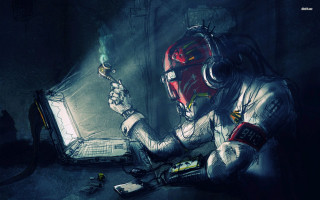 Space suit man laptop flame - cyberpunk art free wallpaper