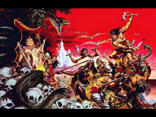 Men fighting over skulls red - a painting of a group free wallpaper