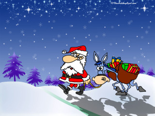 Santa claus donkey sleigh presents - naive art free wallpaper for desktop