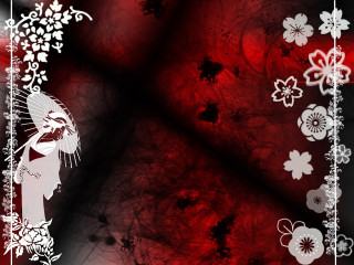 Red black background white flowers - a silk screen free wallpaper