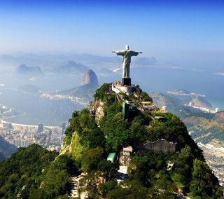 Christ statue mountain city ocean - matte painting free wallpaper