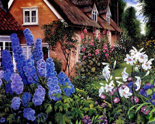 House flowers garden birdhouse painting - a painting of a house free wallpaper