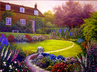 Garden house path flowers painting - pointillism free wallpaper