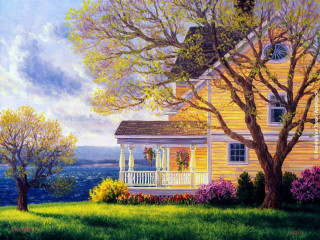 House tree flowers water painting - a painting of a house free wallpaper
