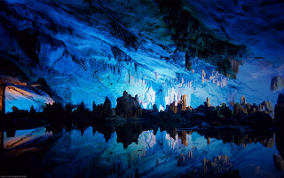 Cave lake mountain night lights 2 - a cave free wallpaper