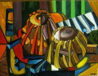 Musical instrument vase flowers table - a painting free wallpaper