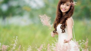 Woman white dress field flowers 3 - a photorealistic painting free wallpaper