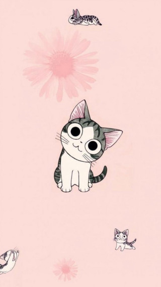 Black cat pink flower butterflies - tachisme free wallpaper