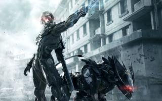 Futuristic suit gun pointing building - a building in the background free wallpaper