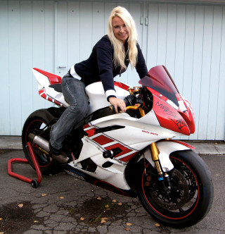Woman motorcycle building garage red - precisionism free wallpaper