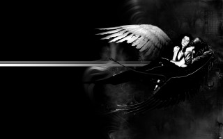 Woman wings bench guitar black 2 - her back free wallpaper