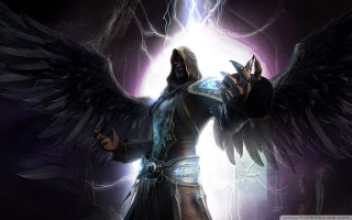 Man wings hood sword lightning - holding free wallpaper