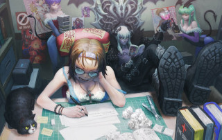 Woman desk cat computer cats - artgerm free wallpaper for desktop
