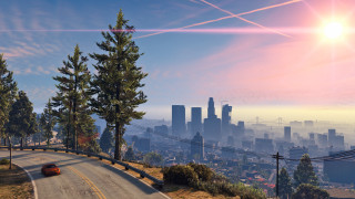 Car city skyline road trees - tall building and trees free wallpaper