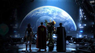 Group people planet spaceship man - a red cape free wallpaper