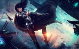 Woman futuristic suit flying sword - chris rallis free wallpaper