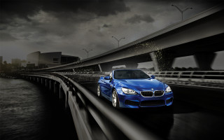 Blue car highway bridge water - cinematic photography free wallpaper