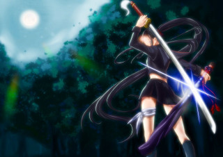 Woman holding sword forest night - full free wallpaper