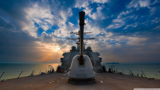 Battleship sunset clouds lightpole deck - a large battleship free wallpaper