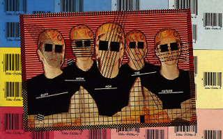 Three men covered barcode background - their face free wallpaper