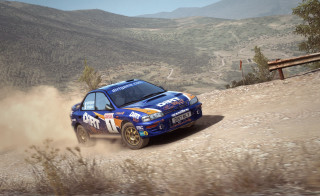 Blue car dirt road mountains - dust free wallpaper