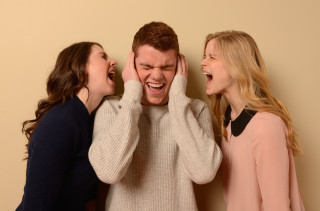 Man covering eyes women laughing - two woman free wallpaper