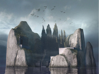 Mountain lake birds flying man - brutalism free wallpaper
