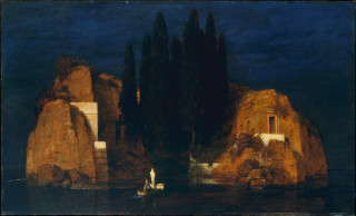 Boat water rocky cliff house - symbolist free wallpaper