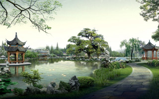 Park pond pavilions path leads - the background and a path free wallpaper