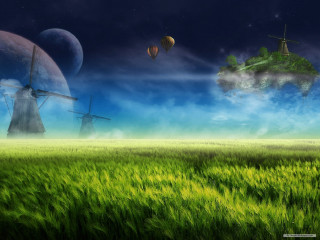 Windmill field grass sky background - matte painting free wallpaper