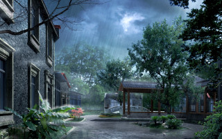 Rainy day neighborhood gazebo trees - a walkway free wallpaper