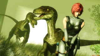 Woman dinosaur green field red - neoprimitivism free wallpaper