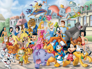 Cartoon characters building sky clock - a group of cartoon characters free wallpaper
