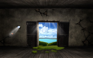 Room door lake view light - a green field in the foreground free wallpaper