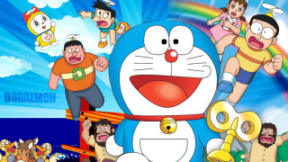 Cartoon character surrounded by friends - art informel free wallpaper