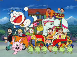 Cartoon train people cat dog - a cartoon scene free wallpaper