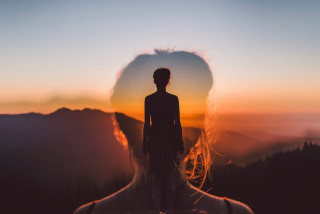 Woman mountain sunset hair wind - surreal photography free wallpaper