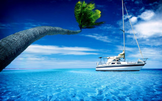 Boat ocean palm tree blue 2 - beautiful scenery free wallpaper for desktop