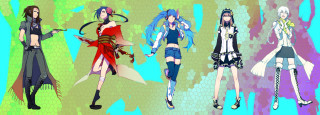Anime girls blue green background - lineart free wallpaper