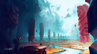 Landscape river man cliff sky - a painting of a landscape free wallpaper
