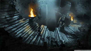 Cave firepit man staircase scene - dark fantasy art free wallpaper