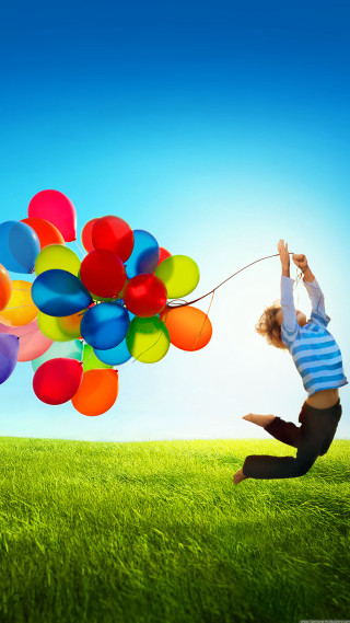 Boy flying balloons air string - a boy free wallpaper