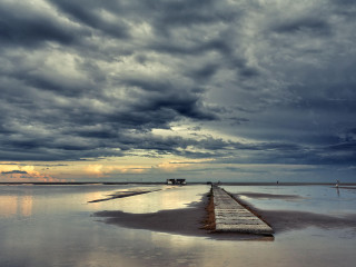 Long wooden dock cloudy sky - cloudy free wallpaper