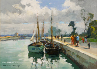 Boats docked pier people walking - an oil painting free wallpaper